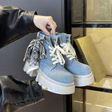 Advbridge Booties Cowboy Platform Chunky Cowgirl Woman Short Shoes Denim with Laces Lace-up Round Toe Ankle Boots for Women High Quality