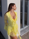 ADVBRIDGE  -  Women's Sexy Yellow Lace Mini Vestidos Chic See Through V Neck Flare Sleeve Tassel Dress 2025 Party Club Wear Slim Fit Dresses