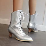 Advbridge High Heeled Short Boots Women British Style Noble Knight Booties Pointed Toe Cross-tied Lace-up Ankle Boots Medieval Retro Boots