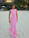 Advbridge Knitted Beach Long Dress Women Summer Sleeveless O-neck Bow Slim Bodycon Maxi Dresses Hip Package Solid High Waist Robe
