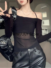 Advbridge Korean Mesh Stitching Casual Black Long-sleeved T-shirt Women 2023 Autumn New Sexy Off-the-shoulder Lace-up Halter Crop Tops