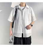 ADVBRIDGE  -  Men's Vertical Stripe Lapel Textured Loose-Fit Short Sleeve Shirt Casual Breathable Top Comfortable Wear, Trendy Summer Style