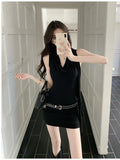 ADVBRIDGE  -  Summer Dresses for Women's Black Sexy Knitted Vestidos V-neck Casual Lace-up Sleeveless Chic Slim Elegant Hip Dress