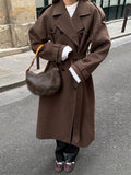 Advbridge Retro Casual Long Women's Coat Turndown Collar Long Sleeve Double Breasted Coats with Belt Fashion Vintage Loose Women Outerwear