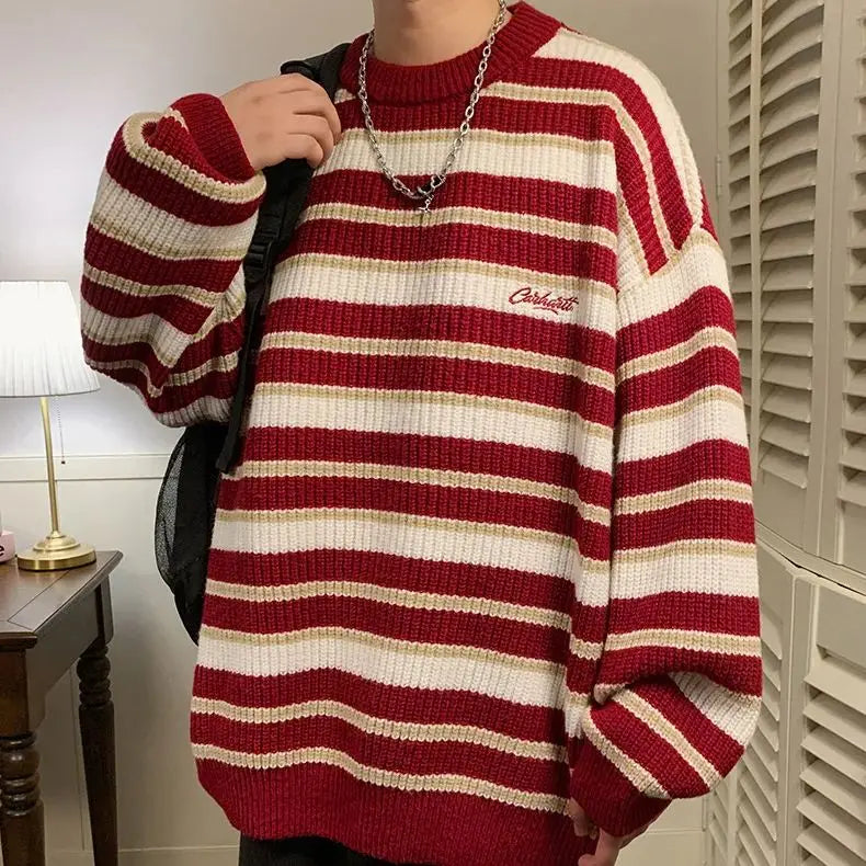 Advbridge Lazy Retro Striped Sweater Men Women Autumn Winter Thick Knit Casual Embroidered Knit Pullover Sweater Jacket Couple