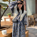 Advbridge  Chic French Vintage Robes Lace Splicing Point Collar Floral Dresses Loose Puff Sleeve Long Dress Female Fashion Vestido