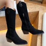 Advbridge Women's natural suede leather 5cm thick med heel pointed toe side zip autumn mid-calf boots high quality female casual half boot