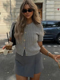 Advbridge Patchwork Ribbed Knit Cardigan For Women Short Sleeve Fashion Slim Twist Solid Commute Autumn Sweater Knitwear Cropped Top