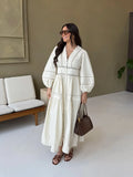 ADVBRIDGE  -  Elegant Lace Hollow Out Women's Long Dress Solid V-neck Patchwork Puff Sleeve Bodycon Dressess Female 2025 Spring New Lady Robes