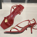 ADVBRIDGE  -  Fashion Metal Heart Decoration Women Sandal Pointed Toe Open Toe Ankle Strap Roman Shoe Elegant Thin Heel Belt  Buckle High Heel