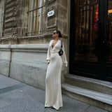 ADVBRIDGE  -  Solid Colour Sexy Knit Cut Out Holiday Beach Casual Long Dresses Women's 2025 Summer Sexy V-Neck Long Sleeve Bodycon Maxi Dress