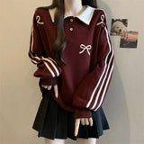 Advbridge Oversized Preppy Style Polo-Neck Sweatshirts Female Spring Autumn New Striped Bow Top Tee Coat Women's Casual Patchwork T-Shirts