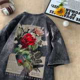 Advbridge Gothic Washed Tshirts Rose Printed Streetwear Men T-shirt O-neck Oversized Korean Short Sleeve Tops Harajuku Casual Male Tee