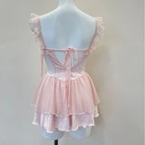 ADVBRIDGE  -  French Nightgowns Retro Lace Short Nightdress Women's Sleepwear Imitation Silk Transparent Suspender Nighty for Ladies