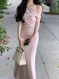 ADVBRIDGE  -  French Elegant Chic Women's Dresses Solid Satin Inclined Shoulder Pleated Slim Wasit Mermaid Dress Party Prom Female Clothes New
