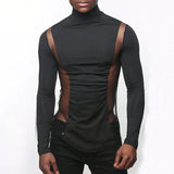 Advbridge Mens Sexy Tight-Fitting Sports Fitness Mesh Long-Sleeved Tops Autumn Nightclubs Perspective Stitching Stretch Turtleneck Tops