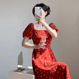 ADVBRIDGE  -  Spring Dress Women's Red Printed Retro Square Neck Dress Puff Sleeve Temperment Feminine Chiffon Vestidos Elegant Female