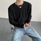 Advbridge Loose Men's Texture Shoulder Pads T-shirt Korean Style Casual Solid Color Round Collar Sleeved Male Tops 2024 Autumn New Fashion
