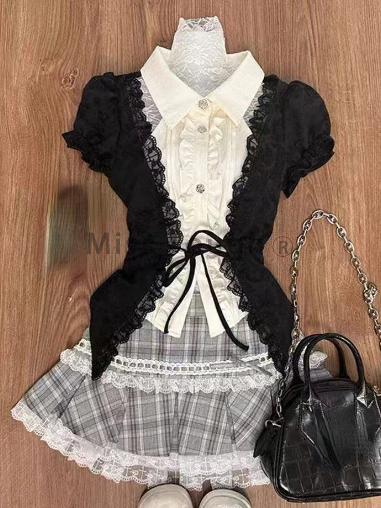 Advbridge Sweet Slim Short Sleeve 2 Piece Set Women Design Chic Lapel Bow Patchwork Tops + High Waist Thin Plaid Short Skirt New