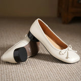 ADVBRIDGE  -  Women's genuine leather round toe sweet bowtie slip-on flats 3cm round low heel elegant ladies slim daily dress shoes for woman