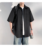ADVBRIDGE  -  Men's Vertical Stripe Lapel Textured Loose-Fit Short Sleeve Shirt Casual Breathable Top Comfortable Wear, Trendy Summer Style