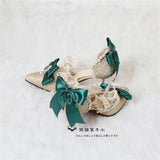 Advbridge Elegant Girls Victoria Princess Green Satin Bowknot Lolita Shoes Painting Woman Lace Pointed Sandals High Heel Cos Lolita Shoes