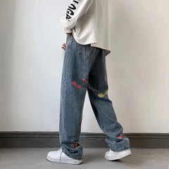 Advbridge Spring Autumn Embroidery Denim Pants Men New Fashion Streetwear Jean Pants Loose Straight Hip Hop Mopping Jeans Blue/Black