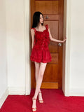 Advbridge Retro Red Camisole Dress For Women'S Summer New Small Fly Sleeve Pleated Design, Ruffle Edge Slim Fit Short Dress