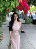 ADVBRIDGE  -  French Elegant Chic Women's Dresses Solid Satin Inclined Shoulder Pleated Slim Wasit Mermaid Dress Party Prom Female Clothes New