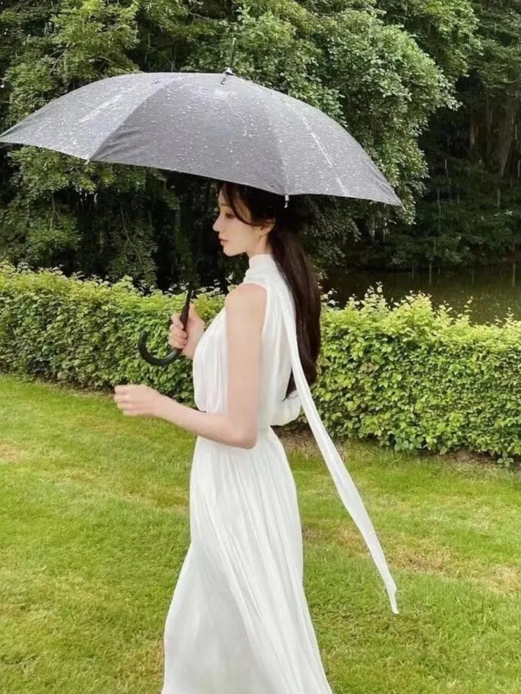 Advbridge Summer Women's 2-Piece Skirt Set Korea Style Fashion Sleeveless Halter Neck Slim White Dress Suit Fairy Female Clothes Solid