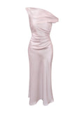 ADVBRIDGE  -  French Elegant Chic Women's Dresses Solid Satin Inclined Shoulder Pleated Slim Wasit Mermaid Dress Party Prom Female Clothes New
