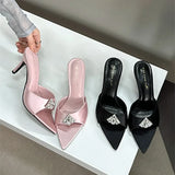 ADVBRIDGE  -  Fashion Satin Rhinestone Slippers Women Sexy Open Toe Thin High Heel Slide Sandals Summer Pointed Toe Elegant Heels Party Shoes