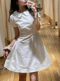 ADVBRIDGE  -  Black Lapel Puff Sleeve Cute Dress Women New Cotton Blend Academic Style Short Dress Chic Waist Tied A-line Sweet Tutu Dress Y2K
