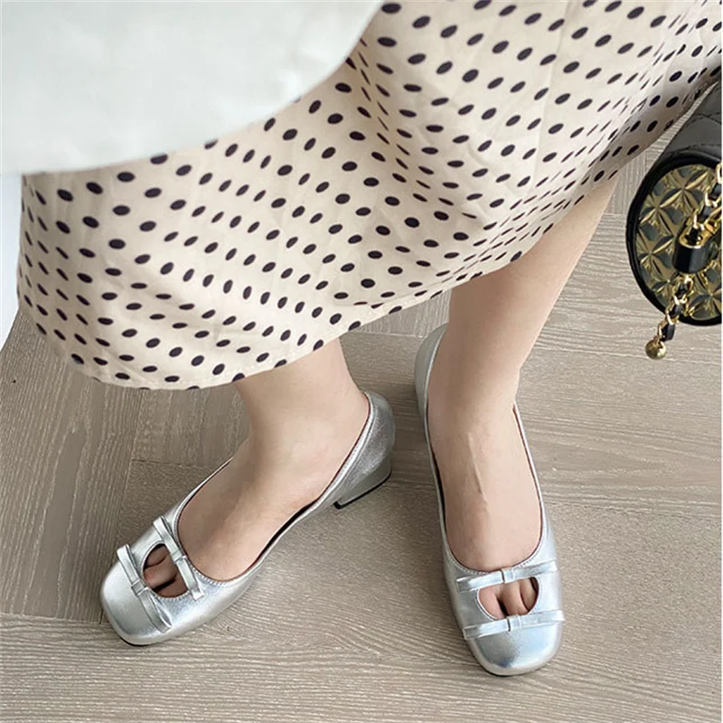 Advbridge  -  Silver Bow Mary Jane Women's Pumps Fashion Office Work Wedding Party Shoes Ladies Med Heel Shoes Woman Autumn