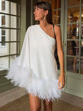 Advbridge Women One Shoulder Feather Spliced Mini Dress Sexy Backless Long Sleeves Loose Vestidos Elegant Fashion Party Club Robes 2024