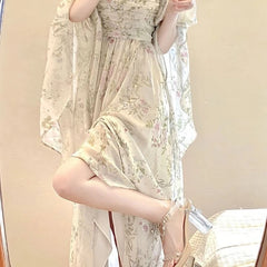 Advbridge 2024 New French Elegant Floral Midi Dress Woman Beach Casual Long Sleeve Even Party Dress Outwear One Piece Dress Korean Fashion
