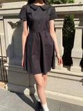 ADVBRIDGE  -  Black Lapel Puff Sleeve Cute Dress Women New Cotton Blend Academic Style Short Dress Chic Waist Tied A-line Sweet Tutu Dress Y2K