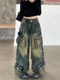 Advbridge Y2K 2000S Streetwear Distressed Blue Baggy Cargo Jeans Pants For Women 90S Vintage Clothes Straight Old Top Lady Trousers