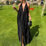 Advbridge Elegant Solid Color Sleeveless Hollow Party Dress Sexy Deep V Neck Pleated Long Dress Lady Halter Lace-up High Split Beach Dress