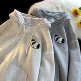 Advbridge Women Aesthetic Hoodies Gray Cartoon Puppy Printed Sweatshirts Y2K Zip Up Autumn Vintage Oversized Hoodies With Pockets Teens