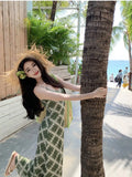 ADVBRIDGE  -  Summer Green Plaid Suspender Dress Women Summer Sleeveless V-neck Sexy Hip-wrapped Long Dress
