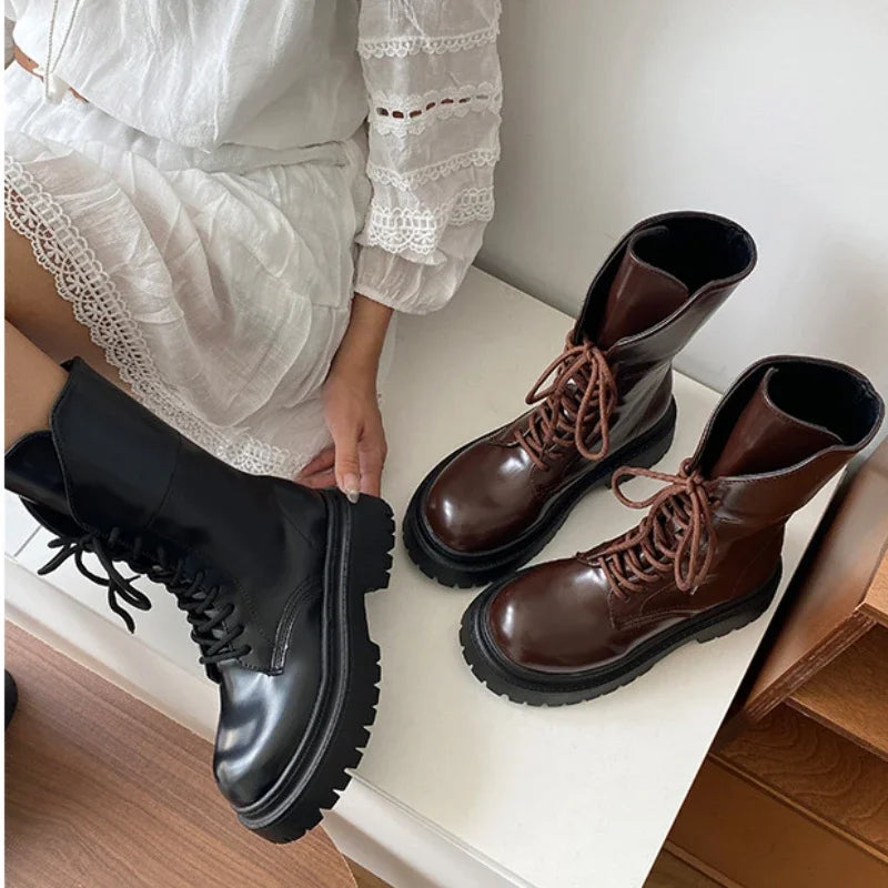 Advbridge Winter Women Platform Motorcycle Ankle Boots Fashion Lace Up Thick Heel Shoes Ladies Elegant Mid Calf Boots