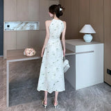 ADVBRIDGE  -  New Chinese Style Retro Dresses for Women Temperament Elegant Robe Summer Printed V-neck Nail Bead Chic Dress