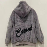 Advbridge Womens Cotton Jacket Solid Color Letters Imitation Mink Velvet Zipper Hoodie Autumn and Winter Couple Style Cotton Cardigan