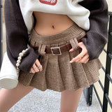 Advbridge  -  American College Style Khaki Plaid Pleated Skirt Women's Summer Color Contrast A-line High Waist Short Skirt Femal