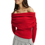 Advbridge Women's Elegant Chic Off Shoulder Knitwear Sweaters Slim Fit Foldable Slash Neck Solid Color Pullover Tops Streetwear