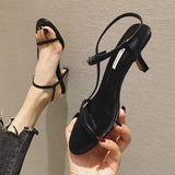 ADVBRIDGE  -  Summer New Women's Sandals One-Strap High Heels Square Head Fairy Style Black Versatile Open-Toe Thin Heel Rubber Outsole
