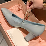 ADVBRIDGE  -  Spring new women's genuine leather crystal chain decoration slip-on Mary Jane pumps 7cm thick high heel elegant ladies shoe