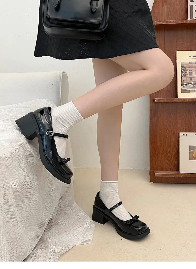 Advbridge Vintage High Heel Mary Jane Shoes for Women New Summer Bow Brown Round Head English Style Small Leather Shoes