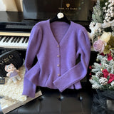 Advbridge 2025 Winter Casual Knitting Long Sleeve Purple Cardigans Women's Vintage Office Lady V-Neck Solid Color Elegant Slim Sweater Top